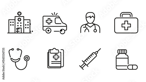 Medical Icon Set – 8 Healthcare Symbols Including Hospital, Ambulance, Stethoscope, First Aid Kit, Syringe, and More"