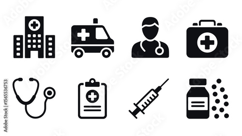 Medical Icon Set – 8 Healthcare Symbols Including Hospital, Ambulance, Stethoscope, First Aid Kit, Syringe, and More"