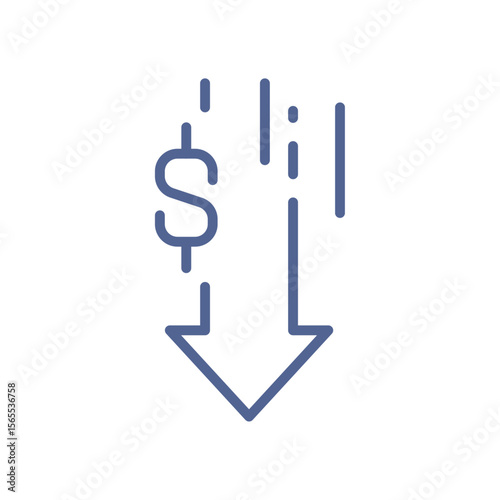 Money loss icon, minimal fast drop symbol, sudden financial fall, dollar depreciation, emergency economic impact and currency decline flat vector illustration.