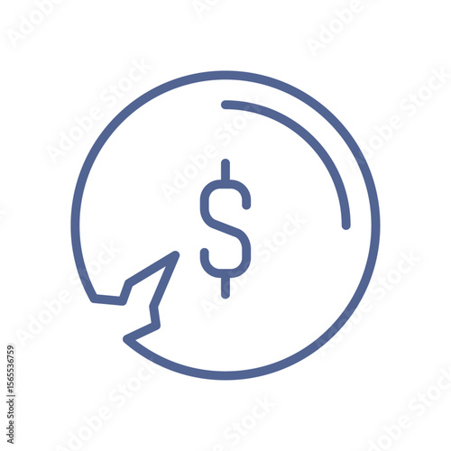Currency depreciation icon, minimal financial loss symbol showing falling coin value, monetary decline, unstable economy and inflation flat vector illustration.