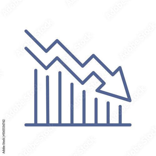 Declining chart icon, minimal economic downturn symbol, falling stock trend, financial market crash, investment risk and negative growth flat vector illustration.