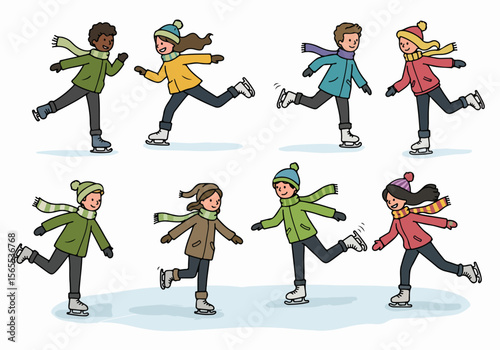 Collection of diverse cartoon children and youth happily ice skating in colorful winter clothing, depicting fun and recreation on the ice.