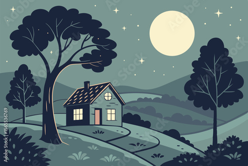 Cozy house under a large moon and starry sky night