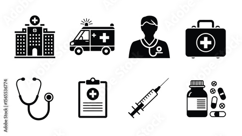 Medical Icon Set – 8 Healthcare Symbols Including Hospital, Ambulance, Stethoscope, First Aid Kit, Syringe, and More"