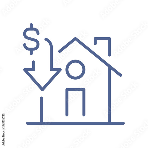 Real estate loss icon, minimal housing market decline symbol, property devaluation, economic risk, home depreciation and financial crisis flat vector illustration.