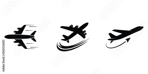 Professional Minimalist Airplane Trio Logo Concept with Velocity Lines and Altitude Variance in Black Silhouette
