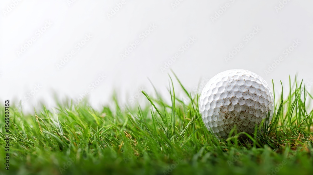 Golf ball resting on lush green grass with a white background behind Golf ball resting on lush green grass with a white background behind