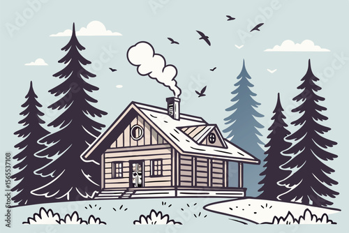 Cozy wooden cabin with smoke from chimney in pine forest