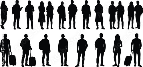 Silhouettes of people with bags and suitcases, walking and standing poses, travel and commuter concept, black figure illustration, urban lifestyle, isolated design