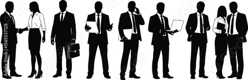Silhouettes of seven business professionals in formal attire, handshaking, phone calls, document handling, teamwork, communication, leadership, office interaction, corporate lifestyle illustration