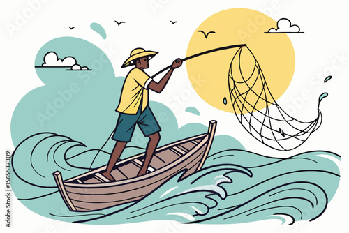 Filipino fisherman in boat casts net at sea fishing