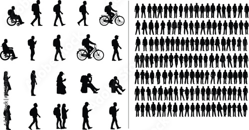 Silhouettes of diverse people in motion and rest, walking, biking, wheelchair use, sitting, standing crowd, urban lifestyle concept, mobility diversity, character design reference