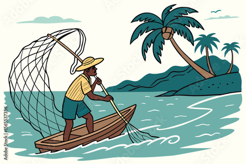 Filipino fisherman in boat with net on tropical island