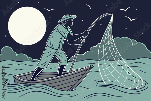 Fisherman casting net in boat under full moon fishing