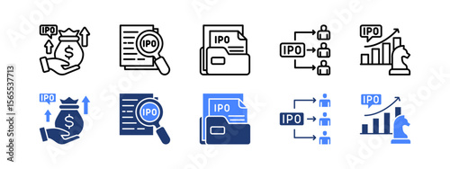 Initial Public Offering icon set. with Capital raising specialist, Disclosure, Filing, Public, Strategy.