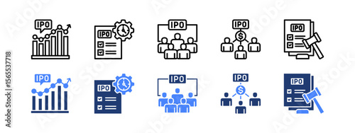 Initial Public Offering icon set. with tock market, Preparation, Participant, Shareholders, Regulations.