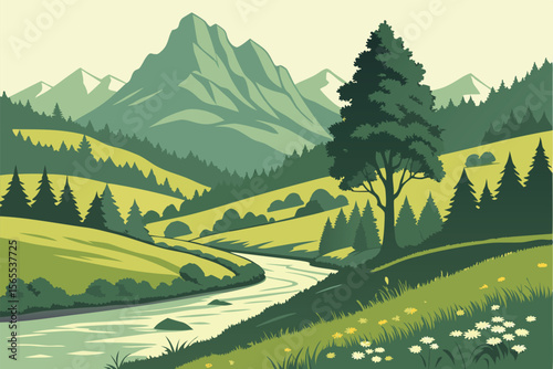 Green Mountain Valley River and Forest Landscape nature