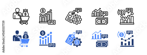 Initial Public Offering icon set. with Investor, IPO market, Pricing, Equity, Stock exchange.