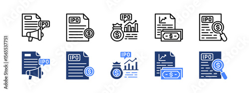 Initial Public Offering icon set. with IPO, Prospectus, Market cap, Primary market, Valuation.