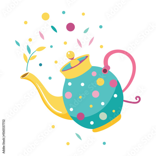 A whimsical teapot creatively pouring a vibrant stream of colorful confetti, perfect for parties and celebrations.