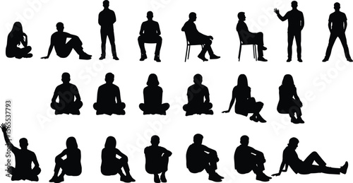 Silhouettes of 20 people in diverse seated and standing poses, gesturing, sitting on chairs or ground, posture illustration, character design, lifestyle concept artwork