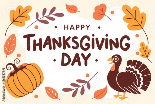 Happy Thanksgiving Day greeting with turkey and pumpkin