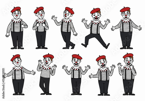 Set of Hand-Drawn Mime Characters in Various Poses and Expressions