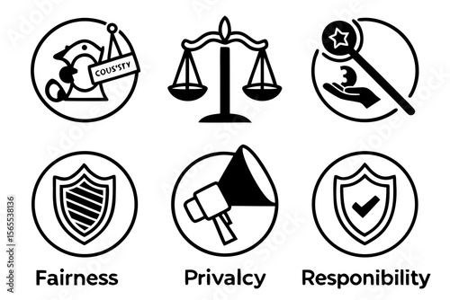 Fairness, privacy, and responsibility icons isolated on white background
