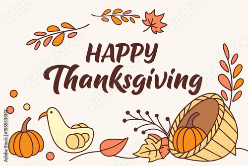 Happy Thanksgiving greeting with pumpkins and fall leaves