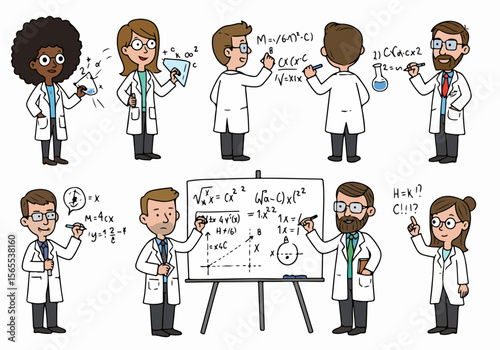 Diverse cartoon scientists in lab coats solving mathematical equations, conducting experiments, and teaching, representing research, education, and STEM professionals.