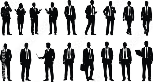 Silhouettes of 14 business professionals in formal attire, using phones, laptops, briefcases, gesturing, corporate communication, teamwork, leadership, office posture illustration, workplace concept