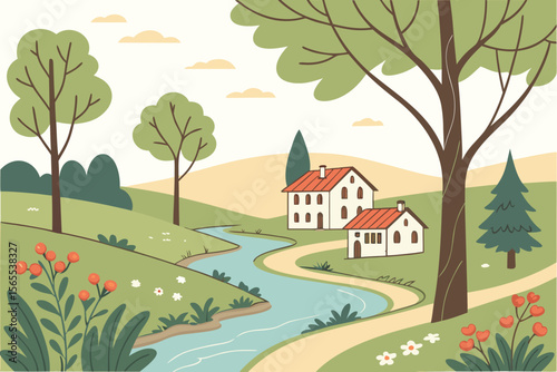 Idyllic village landscape with winding river and houses