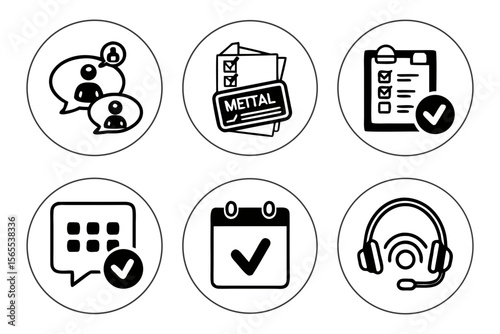 Icons depict online communication and scheduling isolated on white background