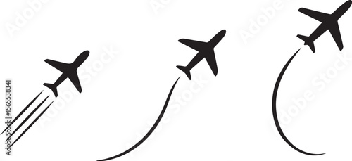Airplane Flight Path Icon Set – Minimalist Jet Silhouettes with Dynamic Motion Trails for Travel Poster, Banner, or Web UI Design