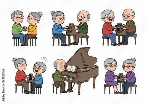 Set of illustrations featuring happy elderly people playing the piano together and alone, enjoying music and leisure activities.