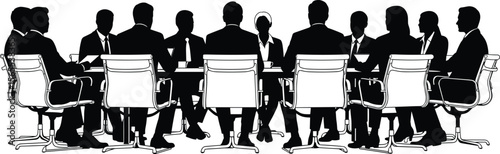 Silhouettes of business professionals in meeting, corporate boardroom discussion, teamwork and leadership concept, office collaboration, formal attire, seated group, workplace communication