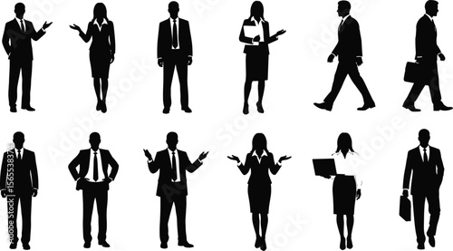 Silhouettes of ten business professionals in formal attire, standing and walking, holding briefcases, gesturing, teamwork concept, leadership, corporate communication, modern office