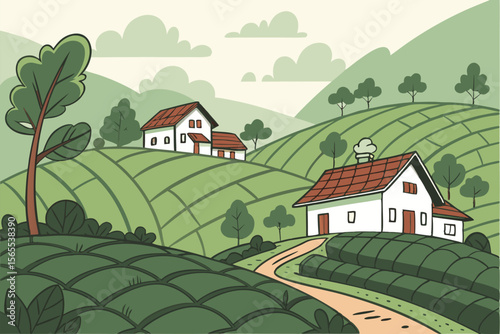 Idyllic village nestled in rolling green hills rural 1