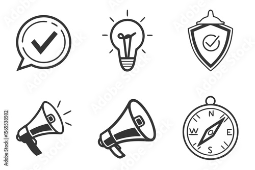 Six black and white icons isolated on white background