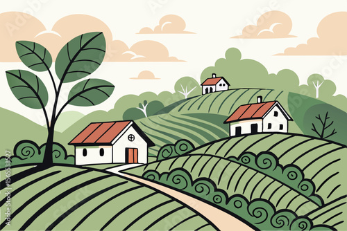 Idyllic village scene with rolling green hills and houses