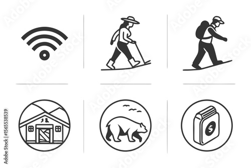 Icons on white background show outdoor activities and finance
