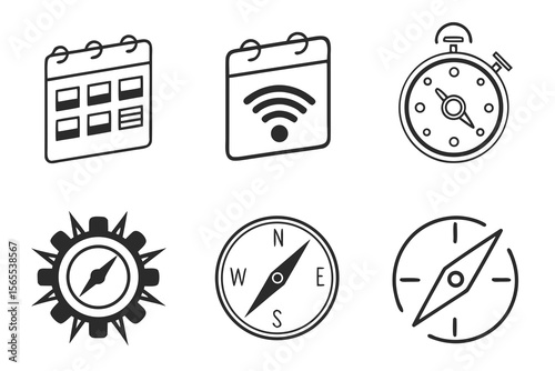 Icons of calendar, compass, and stopwatch isolated on white background