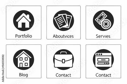 Six black and white website navigation icons isolated on white background