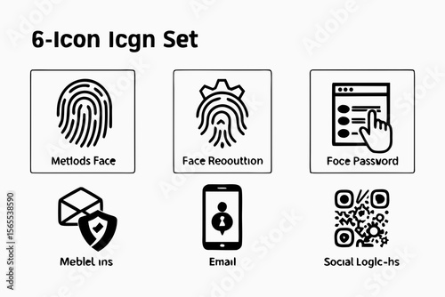 Six black and white security icons isolated on white background