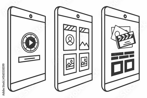 Three tablets display different media content isolated on white background