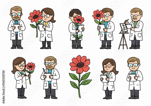 Cartoon scientists studying flowers, botany research illustration showing male and female researchers examining plants, writing notes, and drawing specimens.