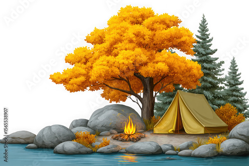 Cozy autumn campsite scene with tent campfire and vibrant yellow tree isolated on transparent background