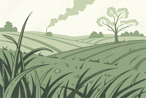 Misty morning farm landscape with dew drops vector