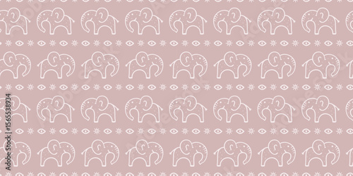 Seamless pattern with hand-drawn elephants, eyes, and sun symbols in a dusty mauve color. Ethnic, tribal-inspired design, perfect for textiles, wallpapers, or digital backgrounds