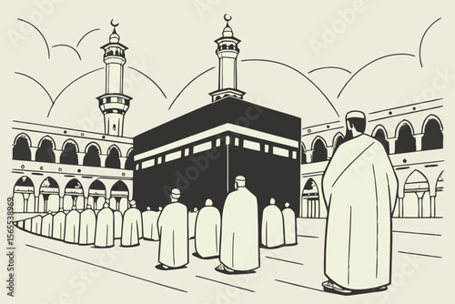 People in Ihram at the Kaaba with Minarets Hajj Mecca